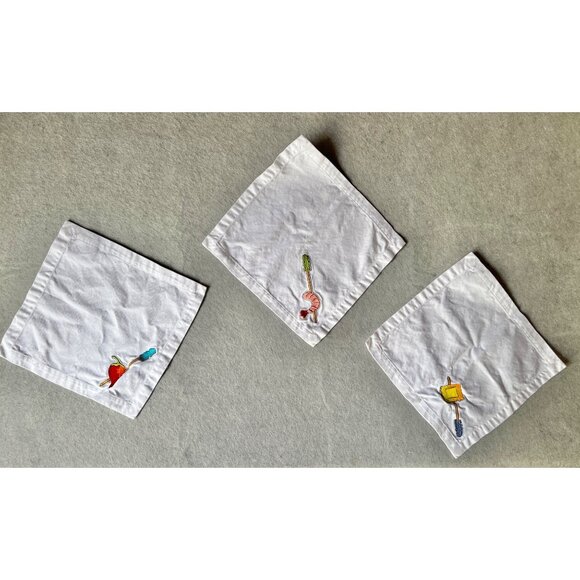 Crate & Barrel Tidbits Cocktail Napkins Embroidered Set Of 3 Cotton 10"x9.5” - Picture 1 of 6